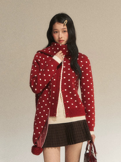 Red Contrast Polka Dot Knit Cardigan