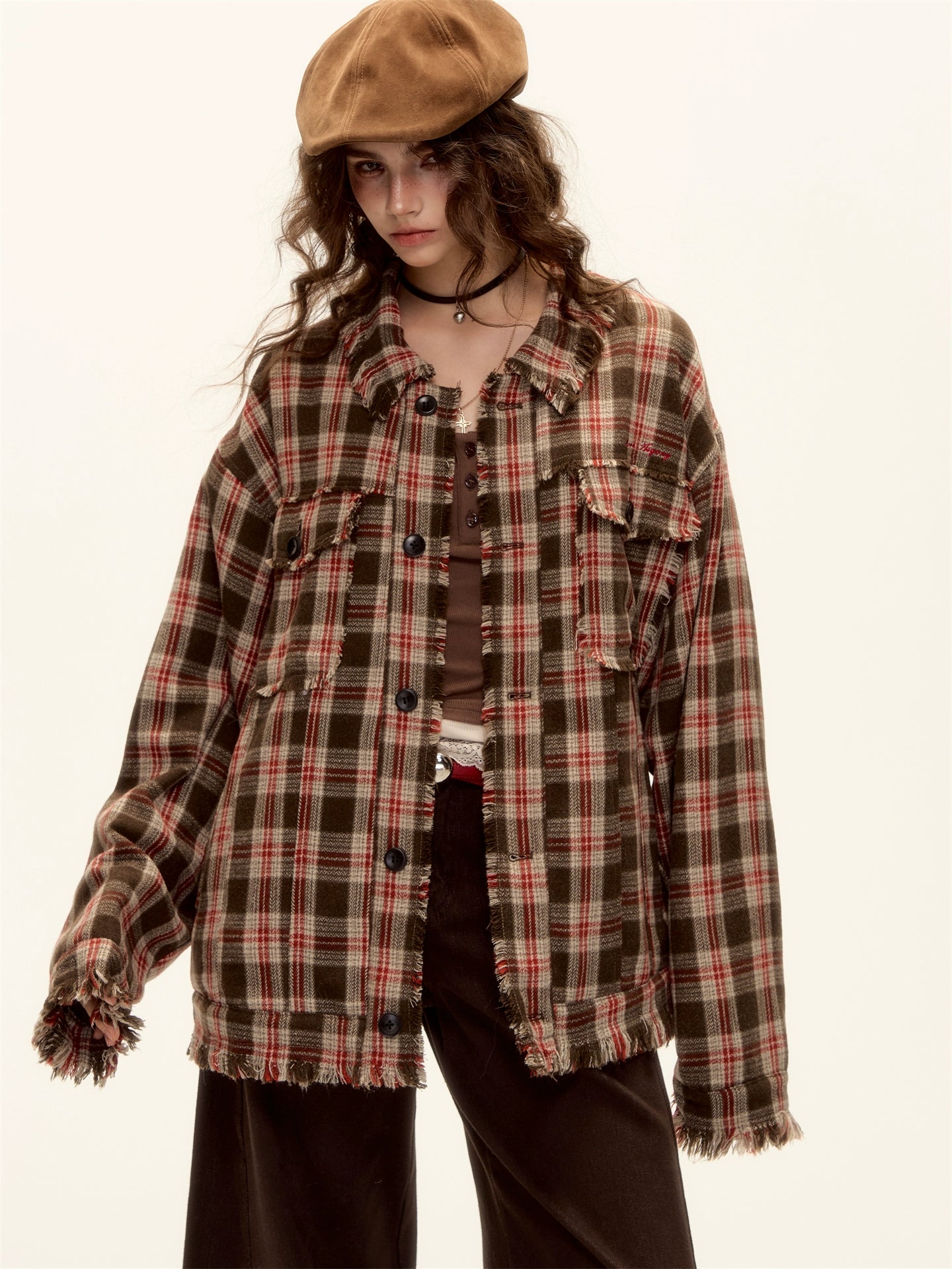 Checked Wool Blend Fringe Edge Shirt Jacket