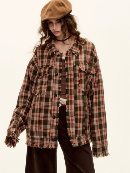 Checked Wool Blend Fringe Edge Shirt Jacket