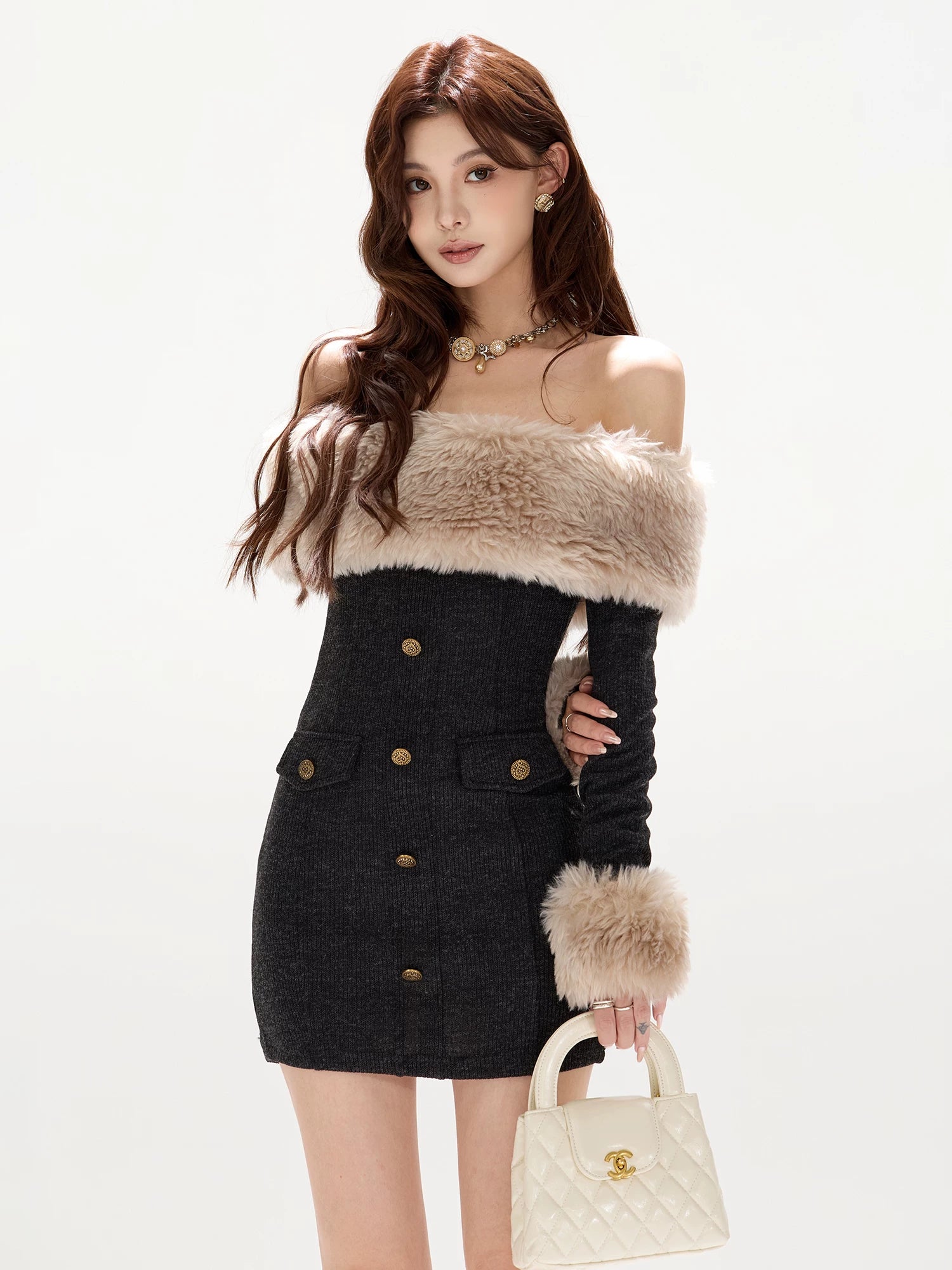 Off-Shoulder Faux-Fur Collar Mini Dress