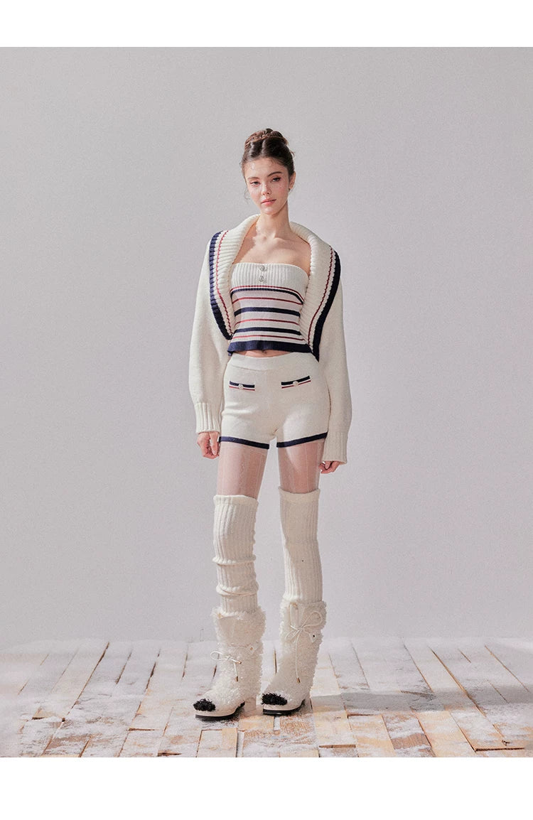 White Striped Knit Cardigan Set