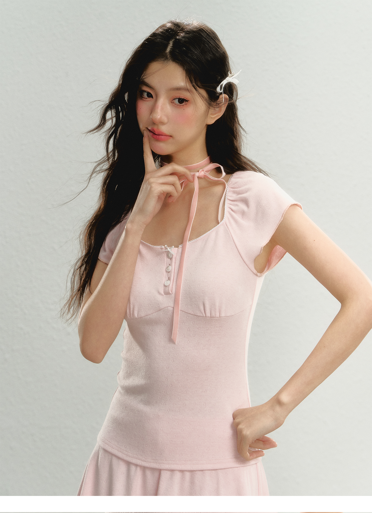Pink Square Neck Short Sleeve T-shirt &amp; Cardigan Set