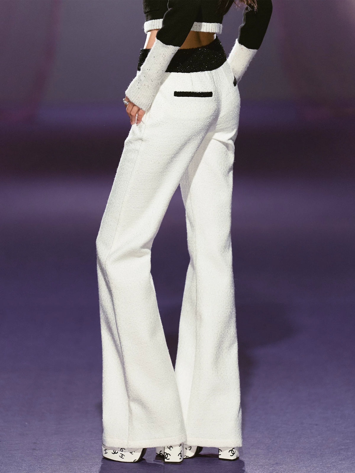 White Sequin-Trim Micro-Flare Pants