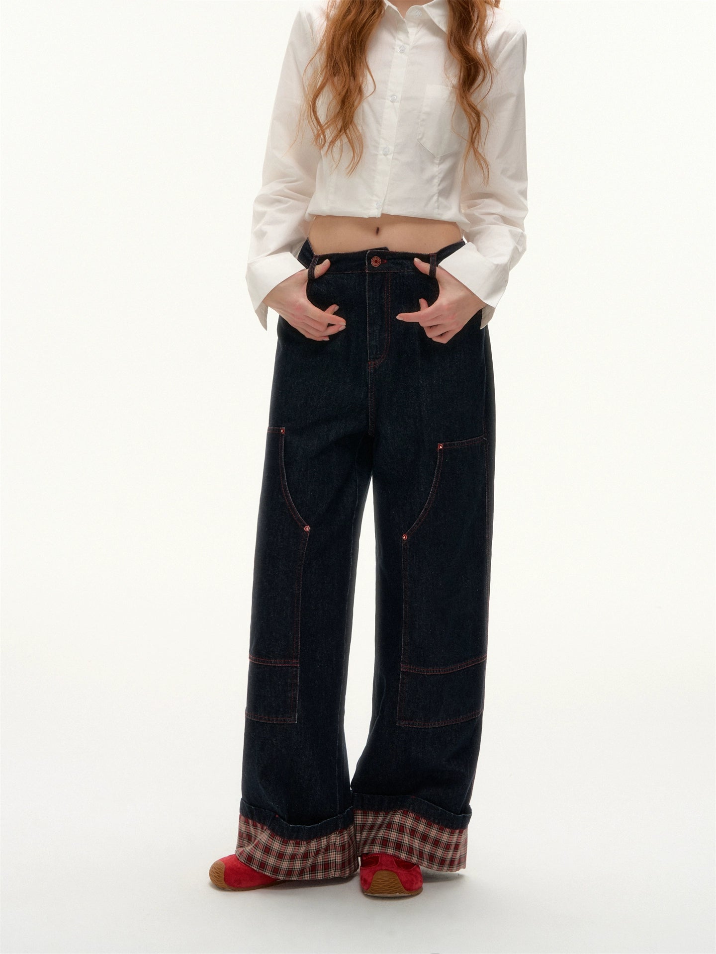 Yellow &amp; Red Plaid Hem Denim Pants