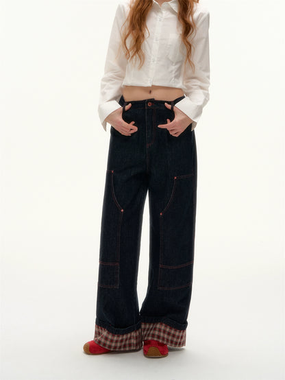 Yellow &amp; Red Plaid Hem Denim Pants