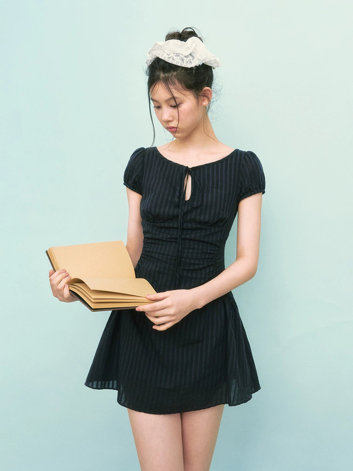Navy Blue Tie-Waist Puff Mini Dress
