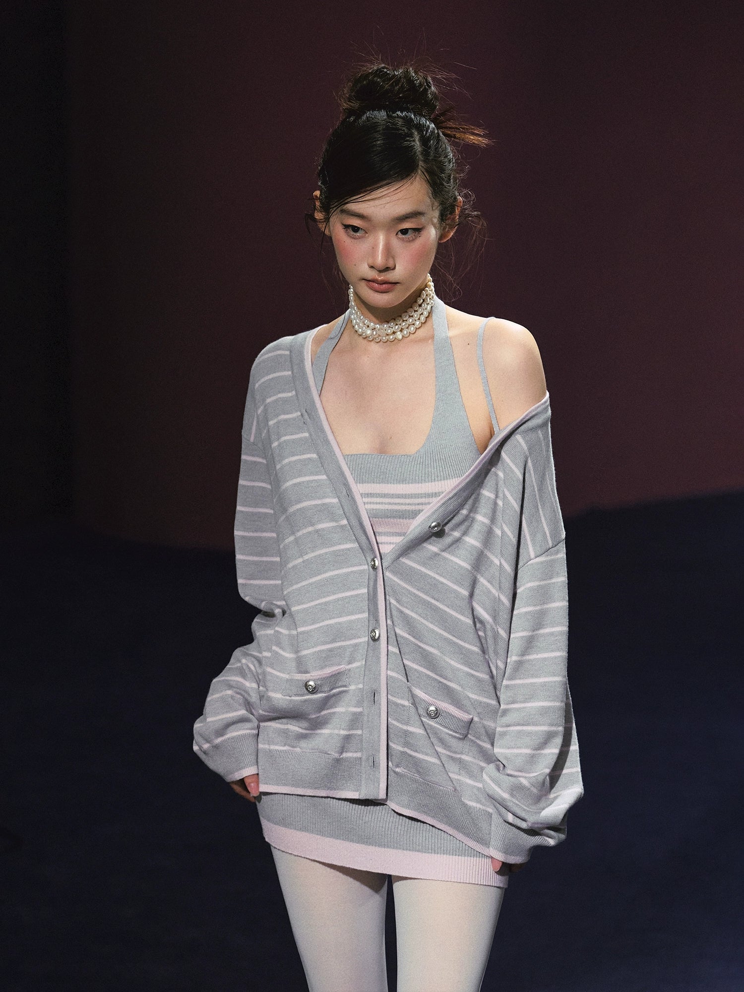 Striped Contrast Cardigan &amp; Tank Dress Set