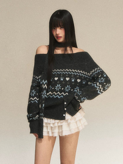 Gray Fair Isle Off-Shoulder Knit Sweater