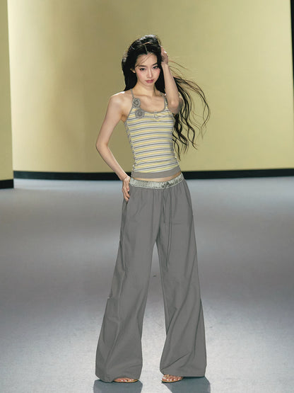 Satin Waistband Wide-Leg Pants