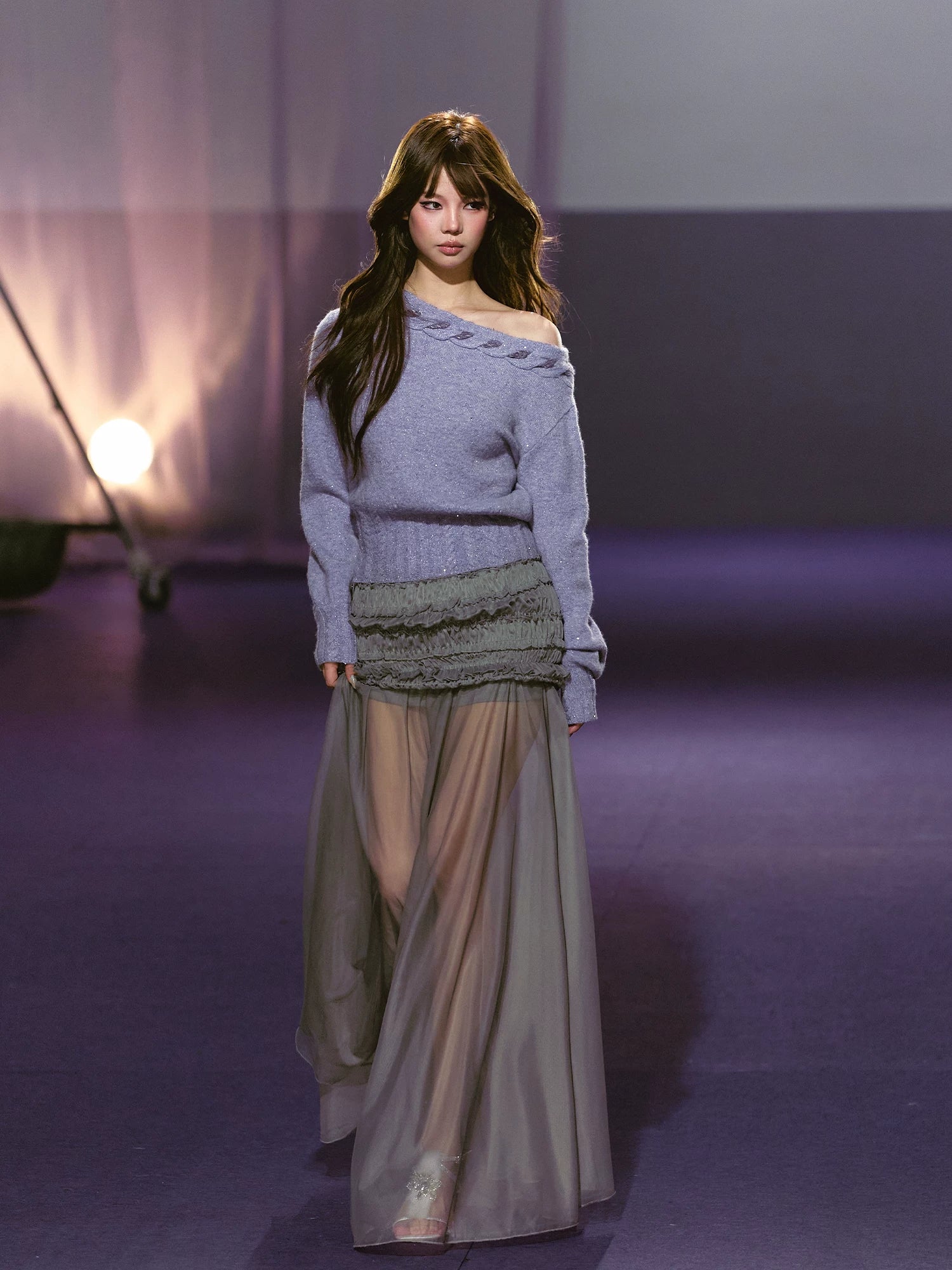 Apricot &amp; Purple Cable Knit Off Shoulder Sweater