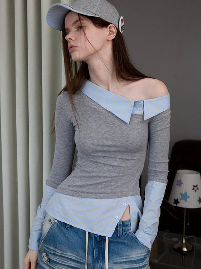 Asymmetric Collar Fake Two-Piece Fitted Blouse