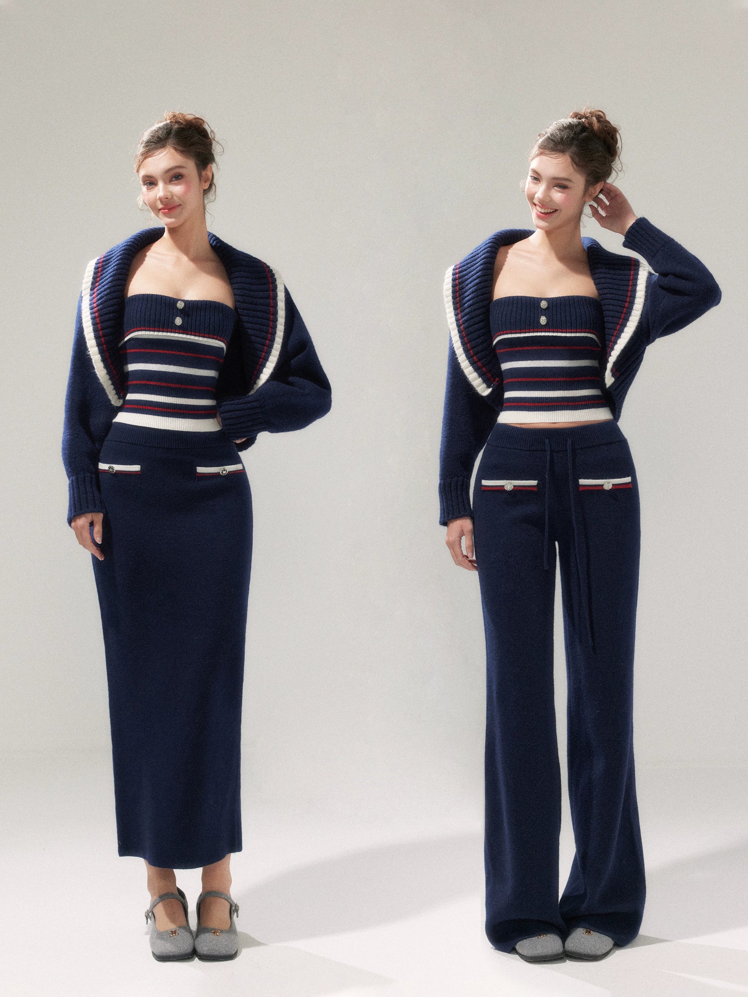 Navy Blue Striped Oversized Collar Knit Cardigan and Pants Set