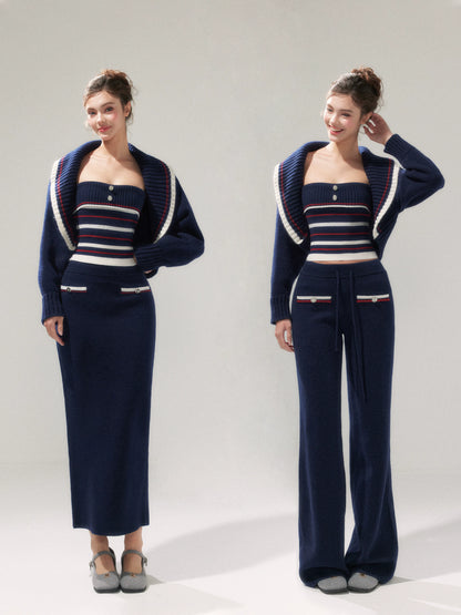 Navy Blue Striped Oversized Collar Knit Cardigan and Pants Set