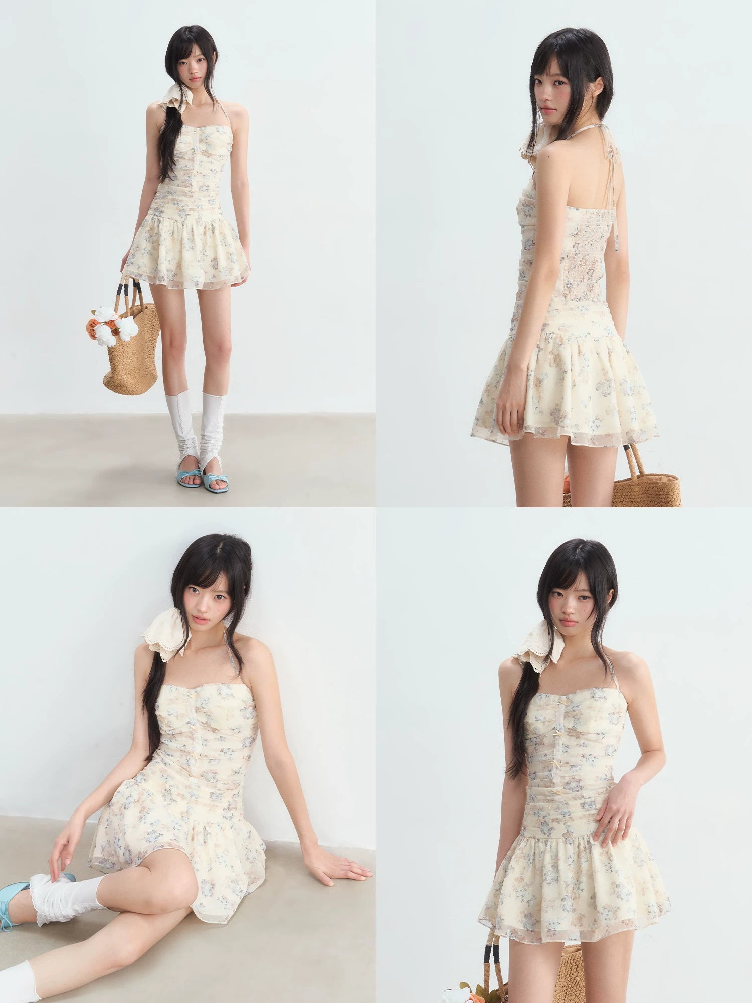 Apricot Floral Halter Mini Dress
