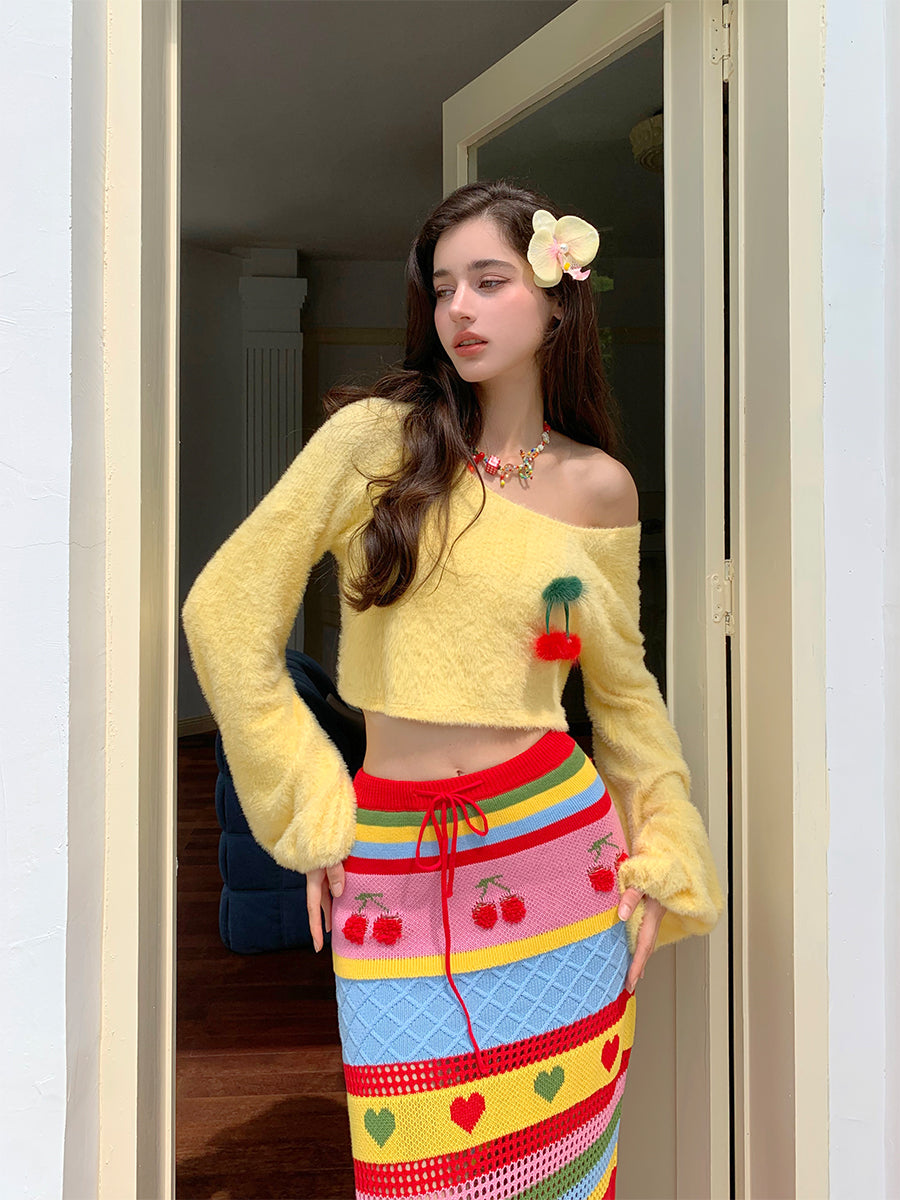 Soft Yellow Off-Shoulder Knit Sweater &amp; Skirt Set