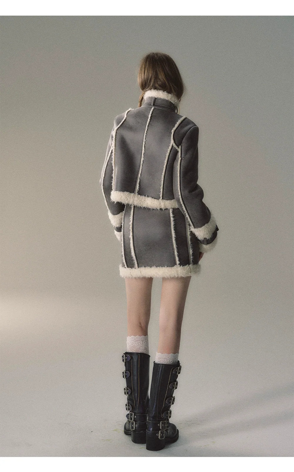 Grey Short Plush Shearling Jacket &amp; Skirt Set