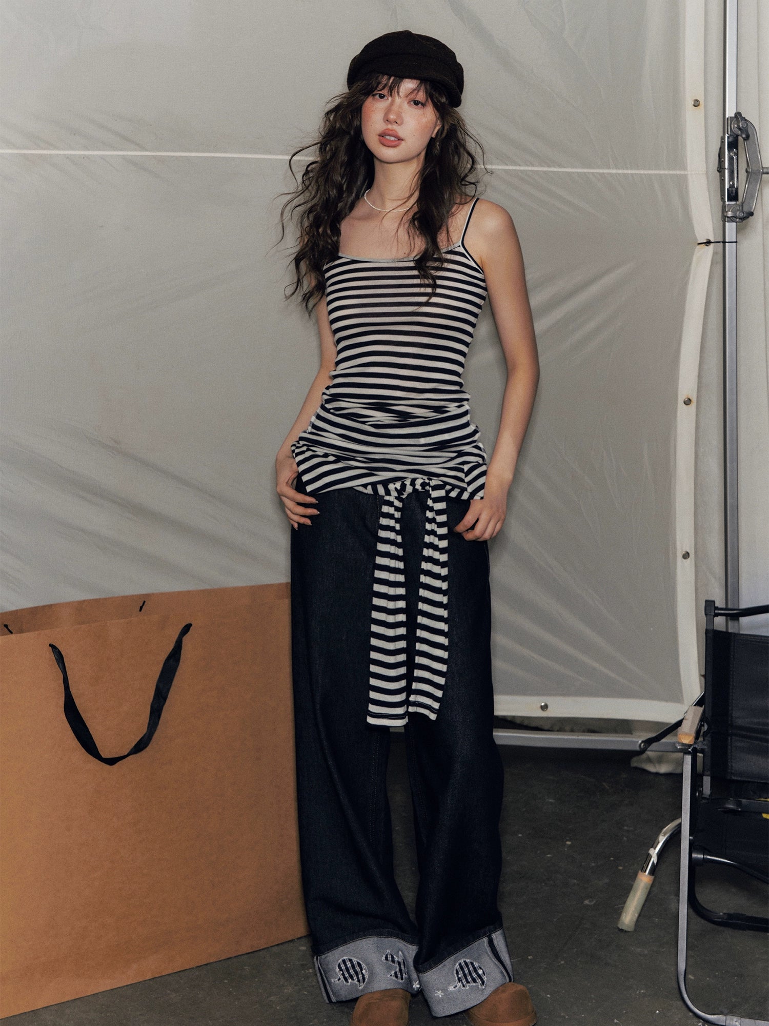Striped Asymmetric Shoulder Fake Two-Piece T-Shirt
