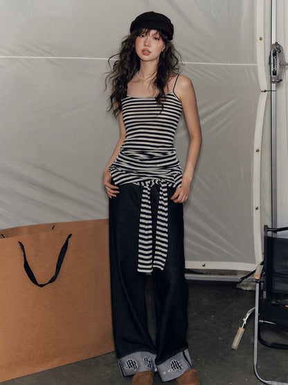 Striped Asymmetric Shoulder Fake Two-Piece T-Shirt