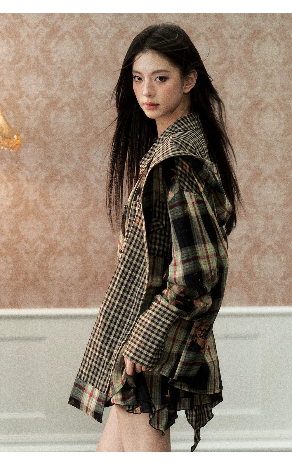 Washed Distressed Plaid Shirt &amp; Skirt Set