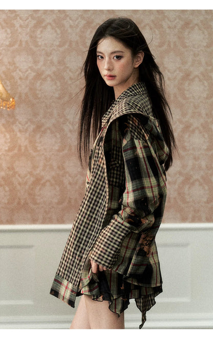 Washed Distressed Plaid Shirt &amp; Skirt Set