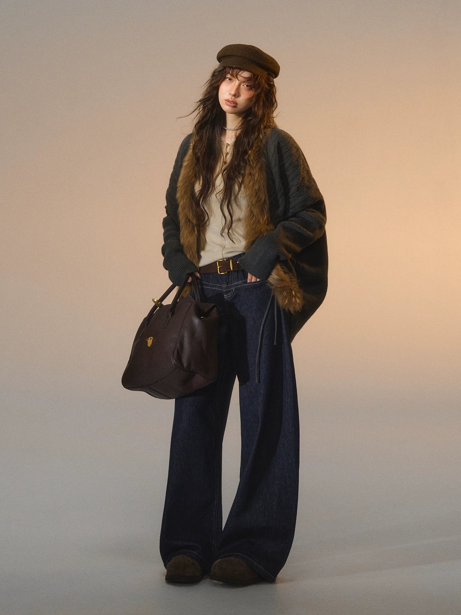 Tie Batwing Fur Collar Sweater