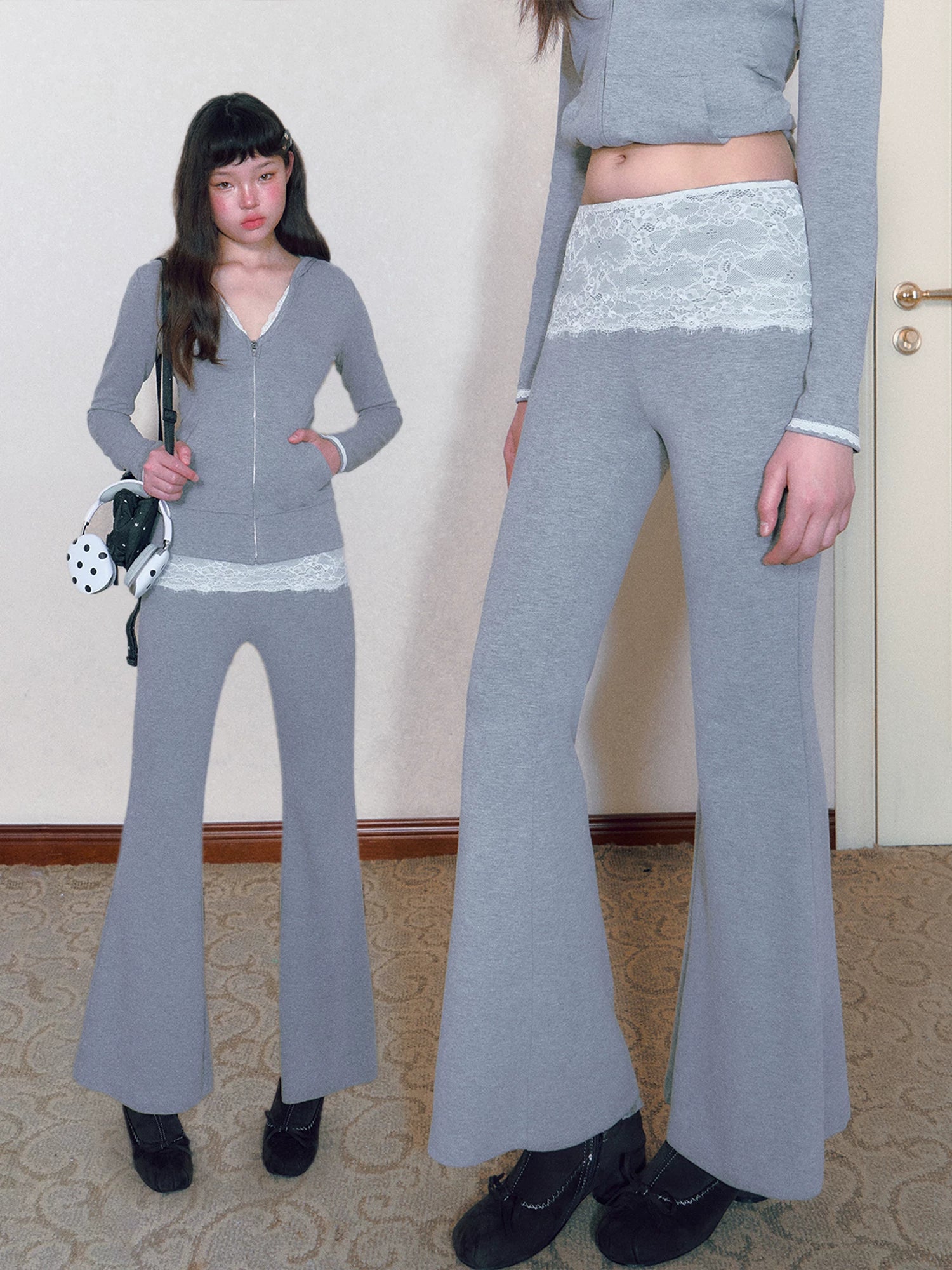 Gray Lace Panel Flared Pants
