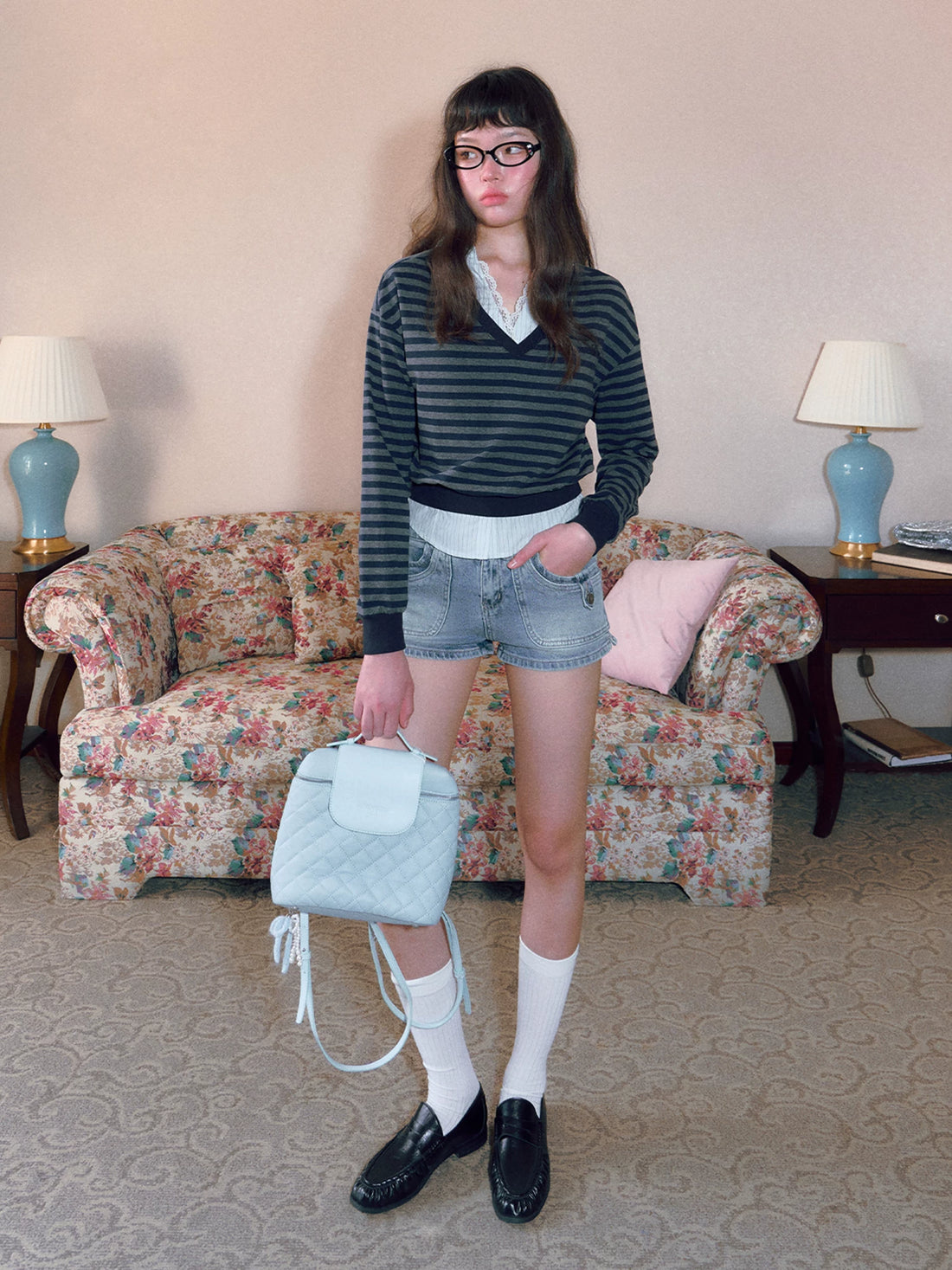 Lace V-Neck Striped Shirt