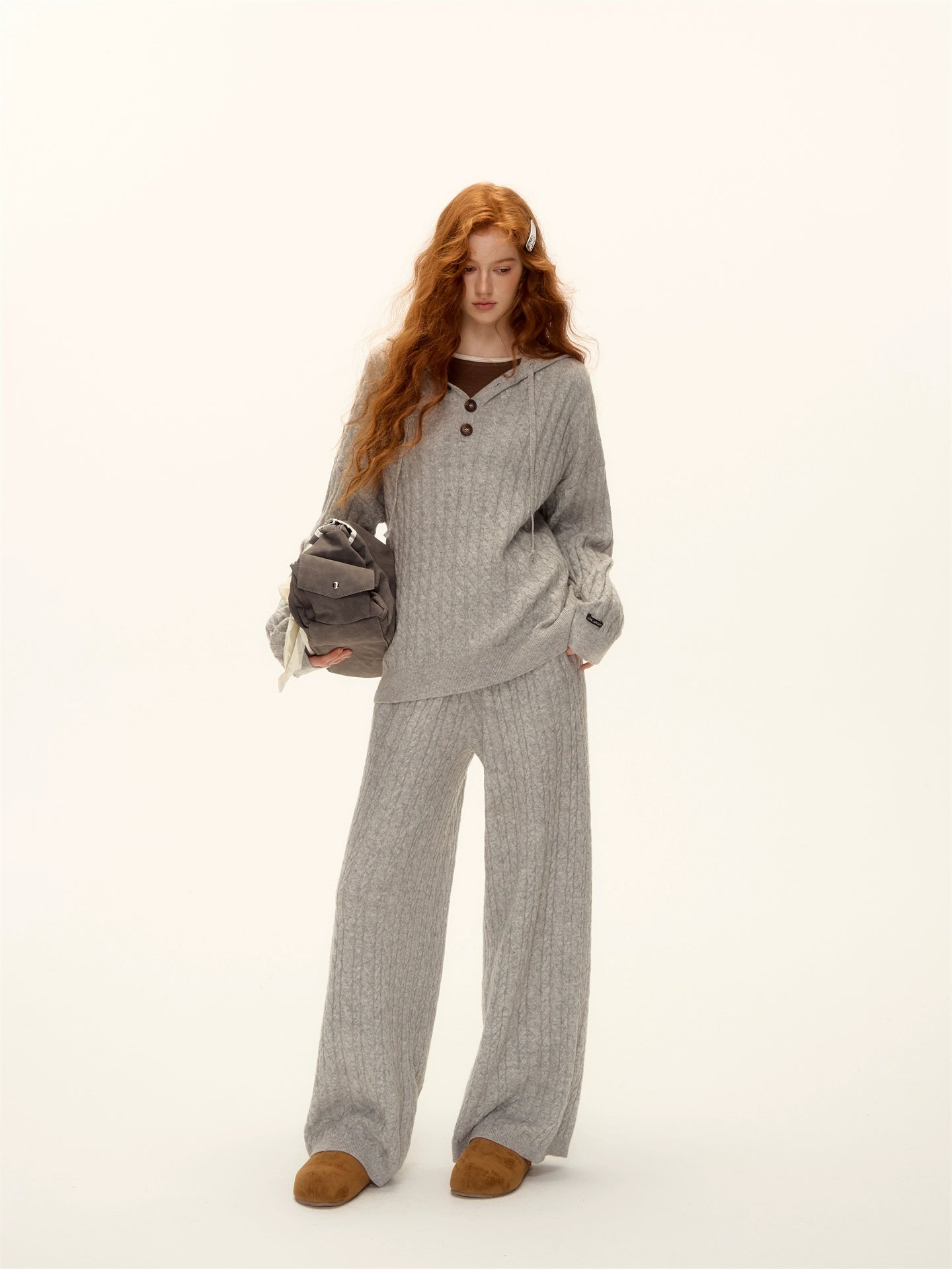 Wool Blend Cable Knit Hoodie and Pants Set