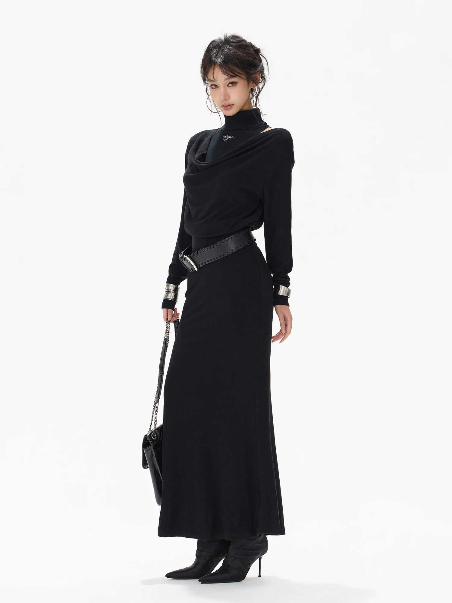 Black Draped Knit High-neck Dress