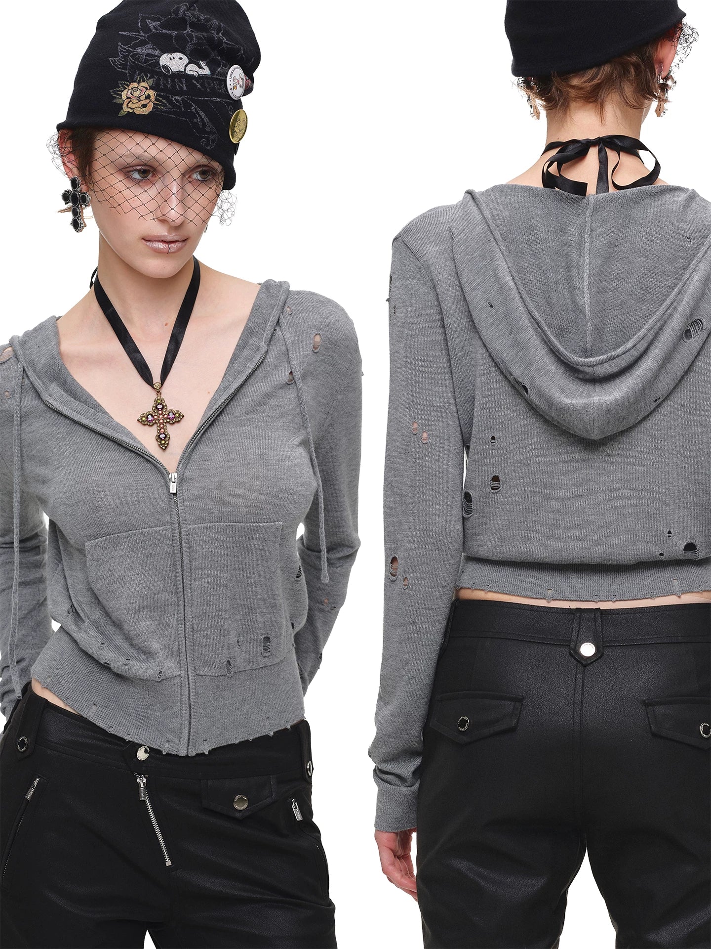 Distressed Hooded Knit Cardigan
