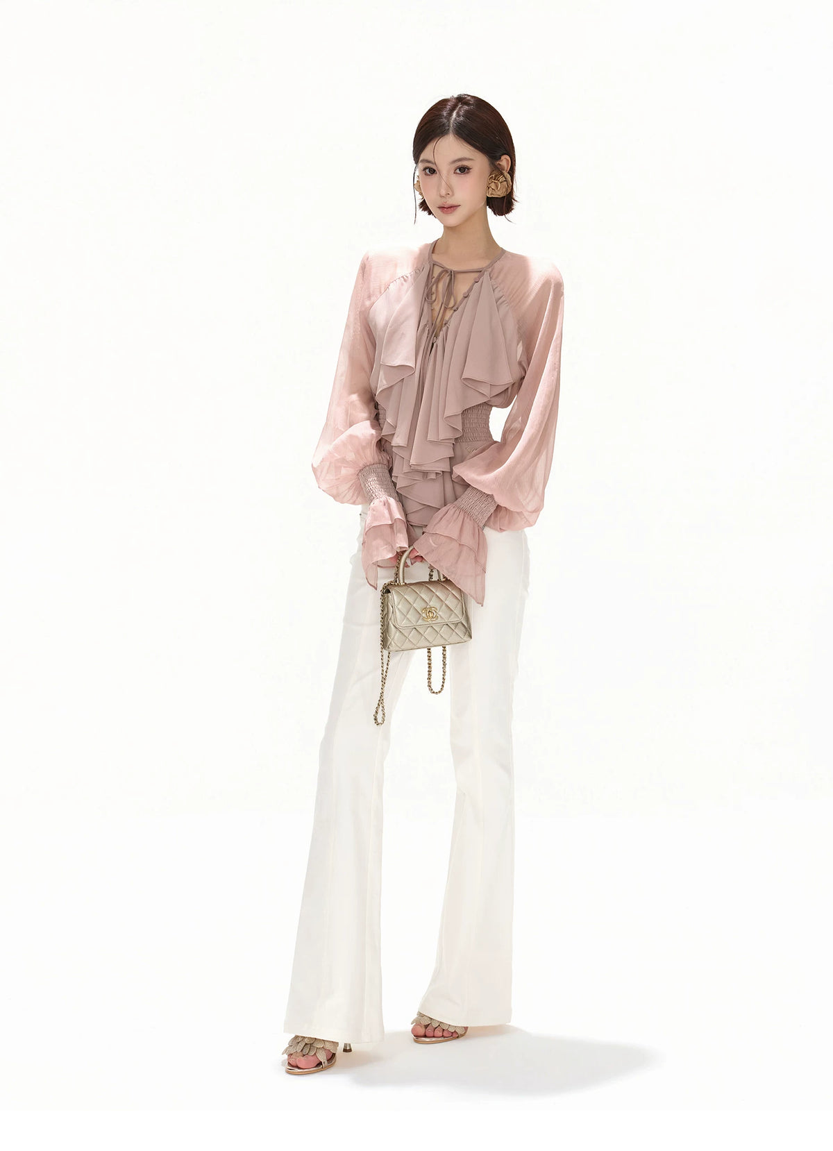 Pink Ruffle V-Neck Blouse