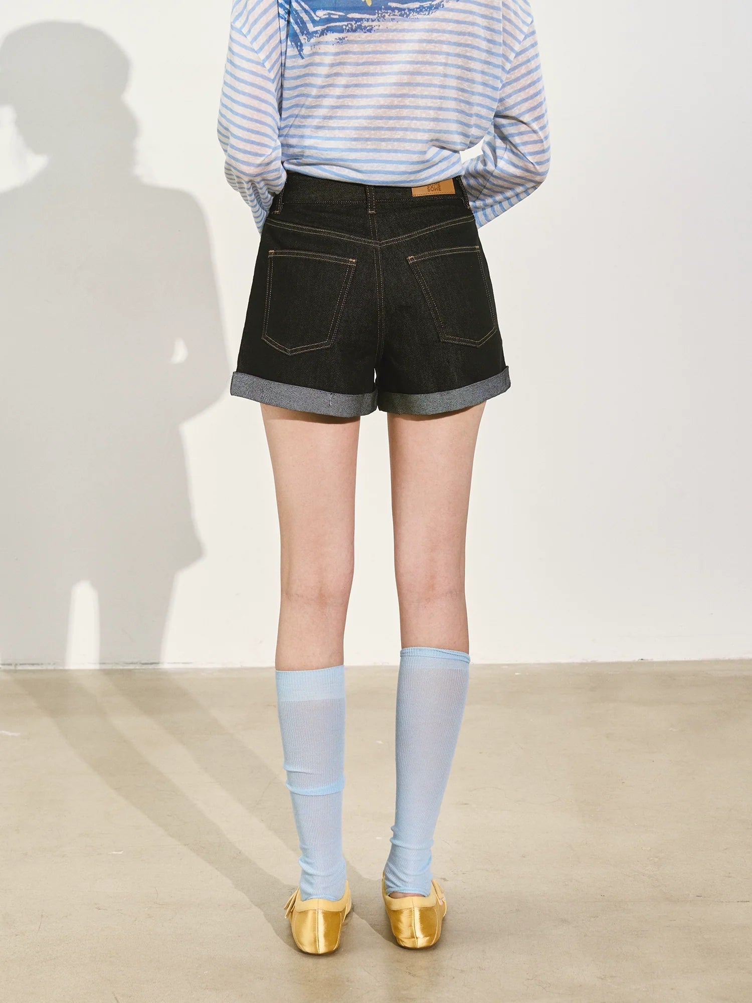 Washed Rolled Denim Shorts
