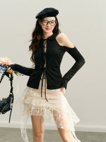 Black & White Off-Shoulder Tie-Back Knit Cardigan