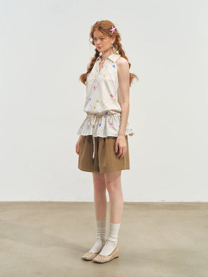French-Style Printed Sleeveless Halter Tie-Up Top