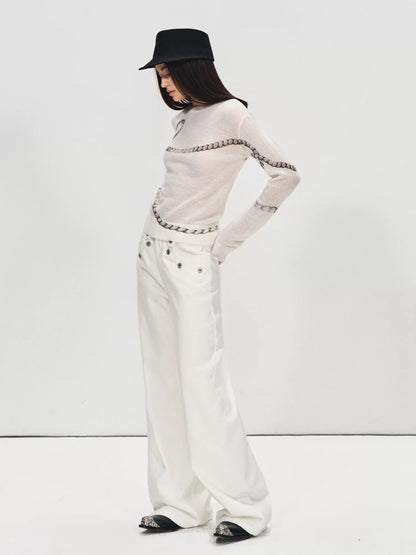 Snow-Washed Straight White Denim Pants