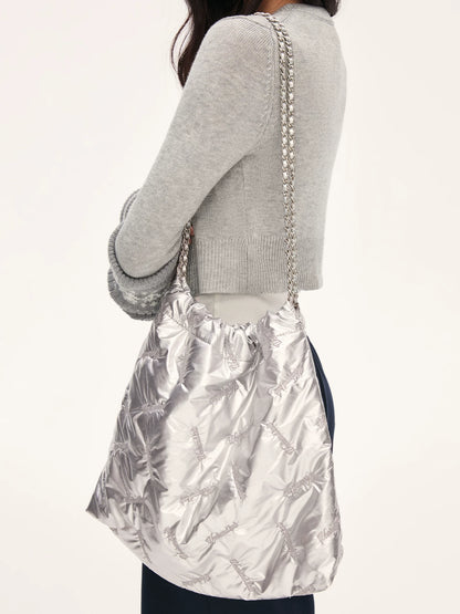 Gray Embroidered Chain Bag
