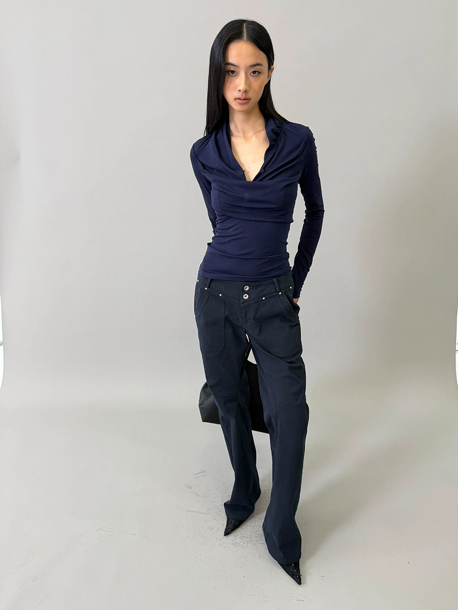 Deep-Blue V-Neck Structured Knit Top