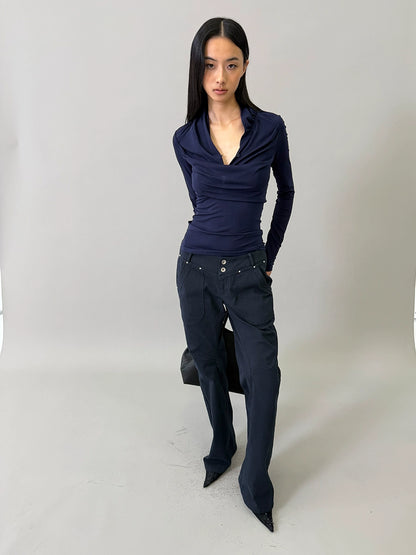 Deep-Blue V-Neck Structured Knit Top