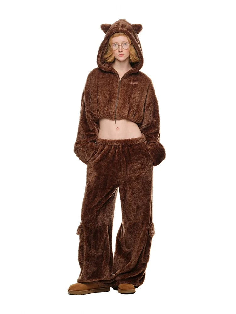 White & Brown Cat-Ear Hoodie Set