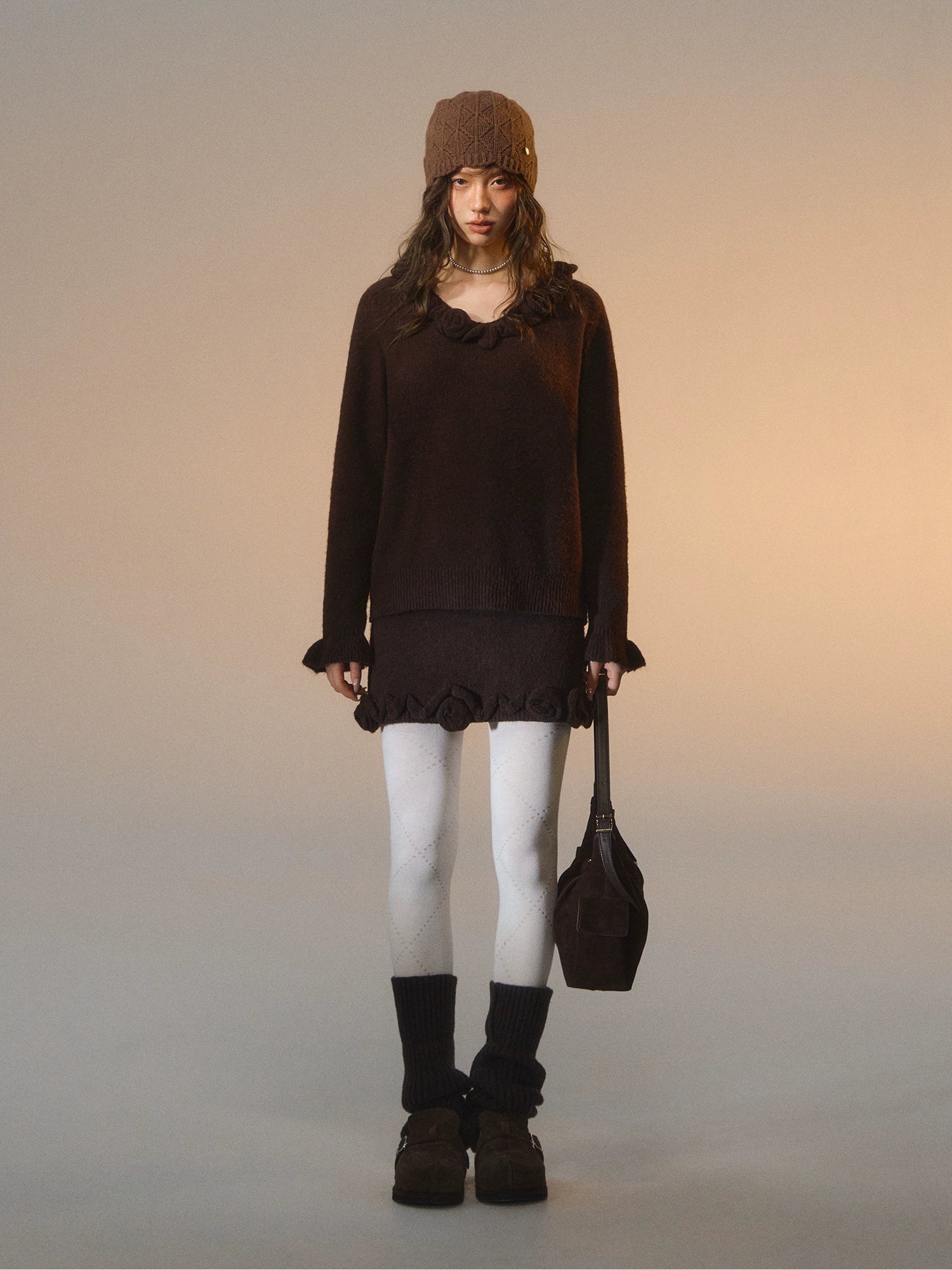 3D Rose V-Neck Knit Set