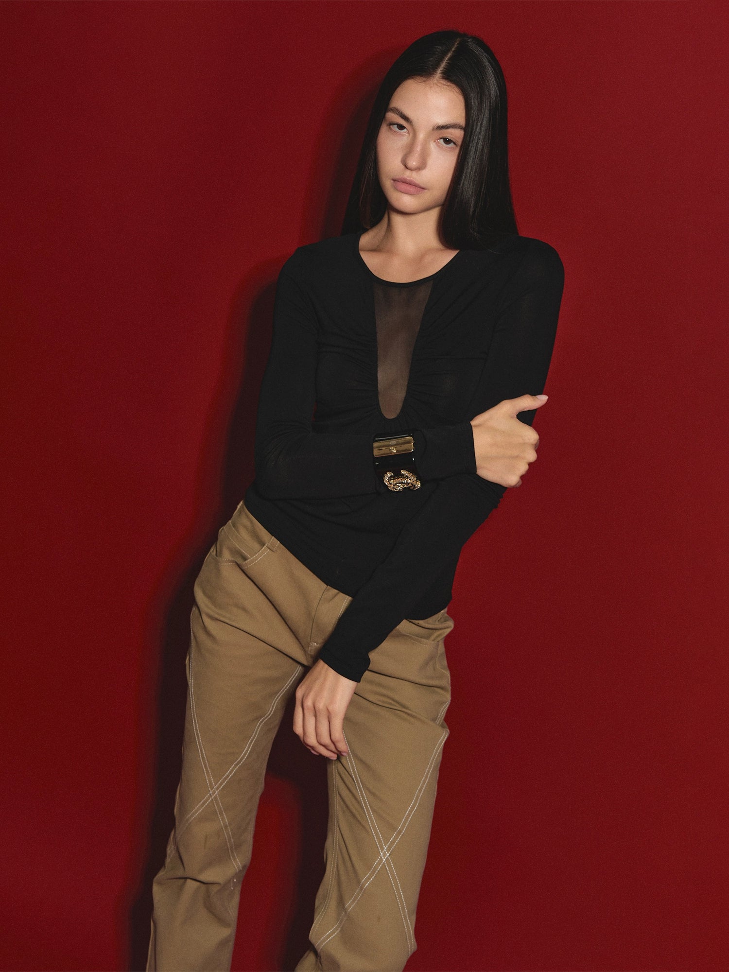 Tencel Ruched Mesh V-Neck Top