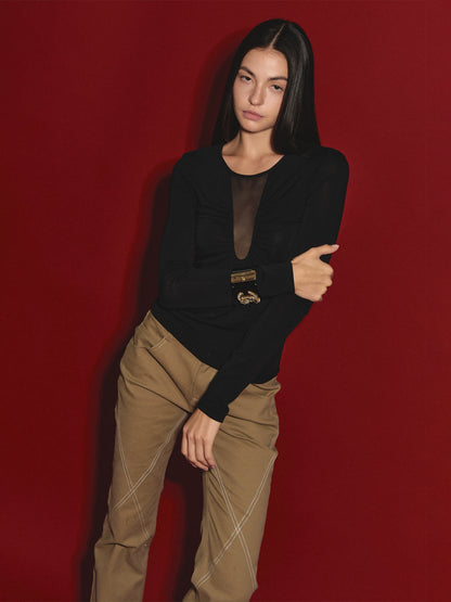 Tencel Ruched Mesh V-Neck Top