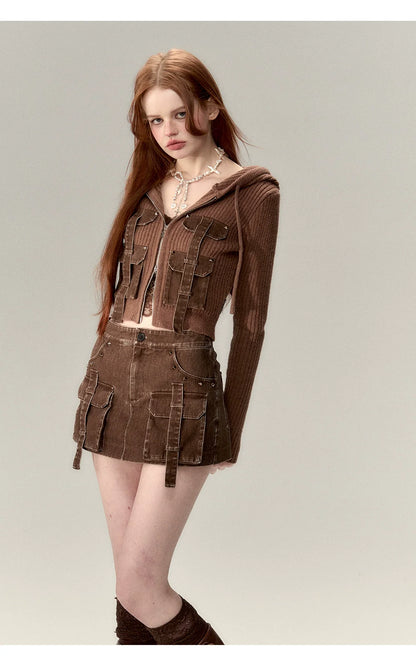 Coffee &amp; Gray Patchwork Drawstring Cardigan