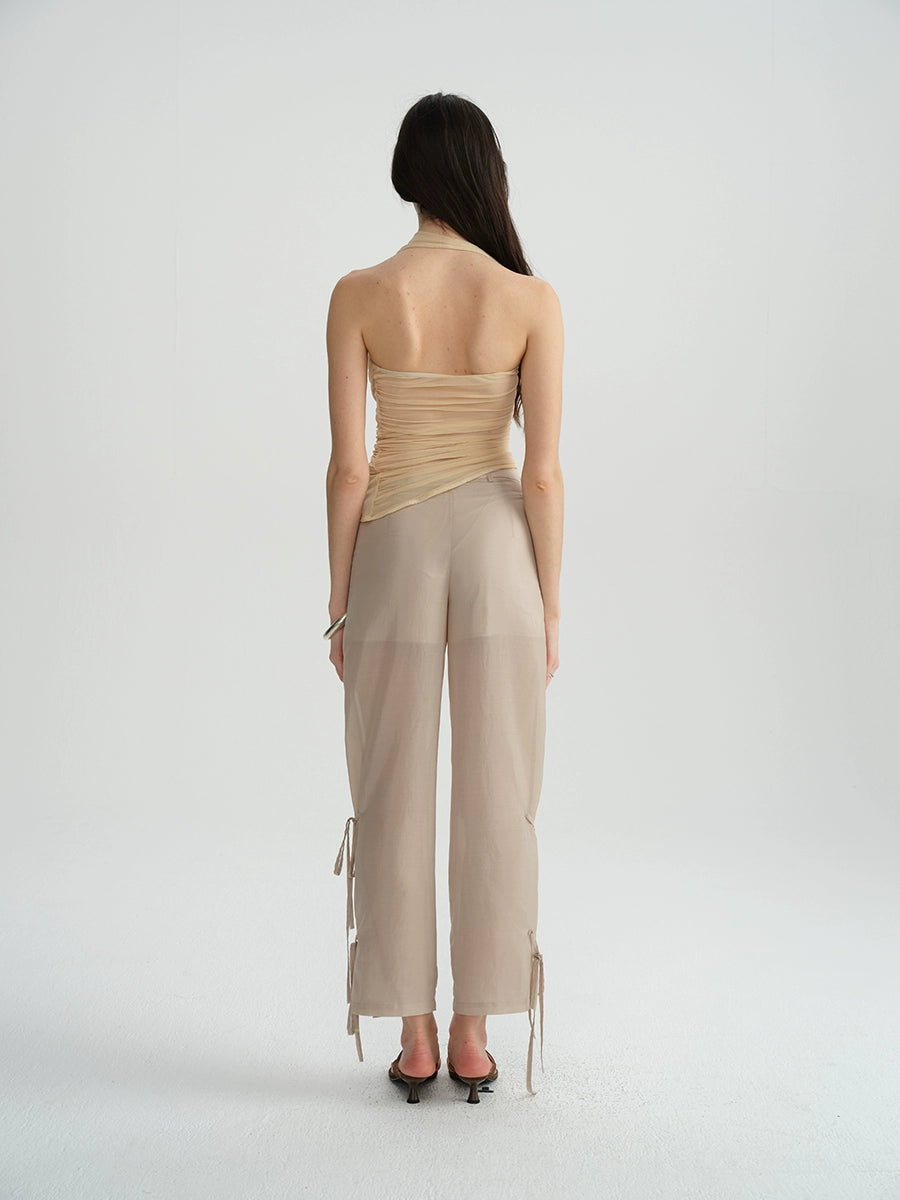 Metal Ring Halter Mesh Pleated Blouse
