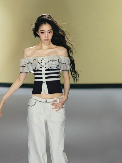 Ruffle Trim One Shoulder Knit Top