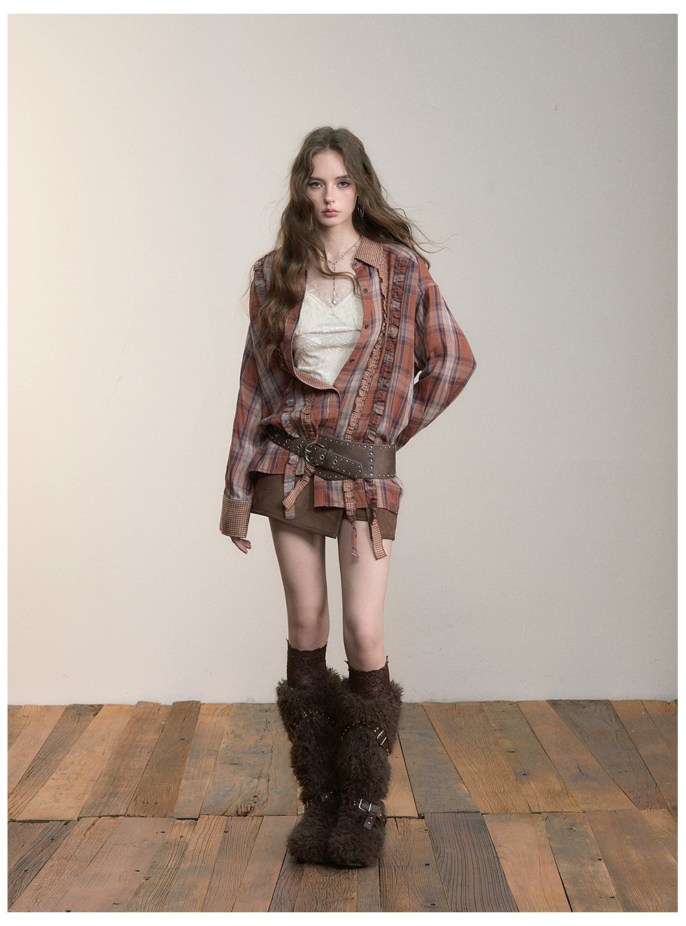 Brown Side-Slit Faux Suede Skort