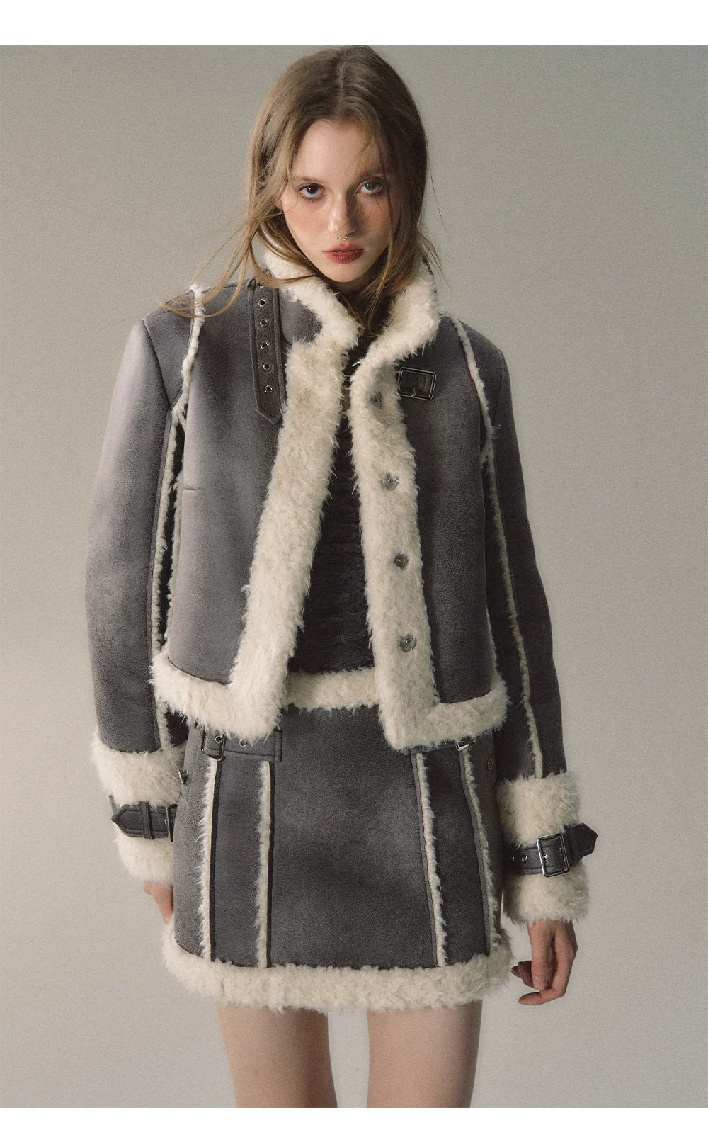 Grey Short Plush Shearling Jacket &amp; Skirt Set