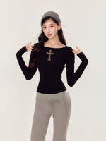 Embroidery Hollow Cross Long Sleeve Top