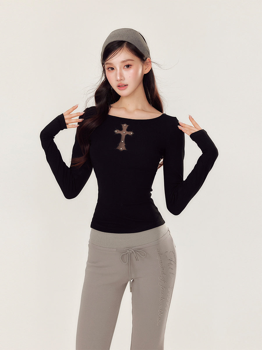 Embroidery Hollow Cross Long Sleeve Top