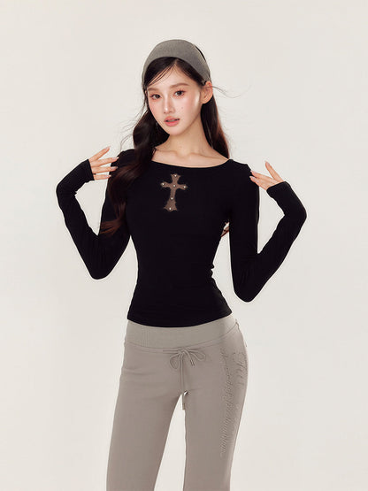 Embroidery Hollow Cross Long Sleeve Top